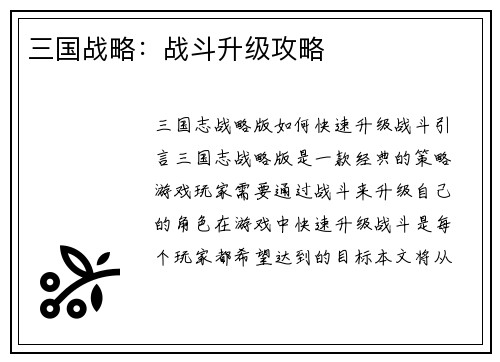 三国战略：战斗升级攻略